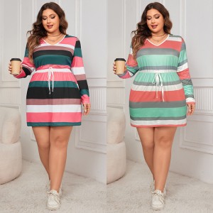 AliExpress striped patchwork dress Amazon cross-border new plus size women's fat mm waist cinched casual dress