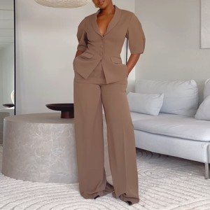 European and American cross-border women's clothing 2025 spring new style temperament lapel breasted suit jacket wide leg pants casual suit