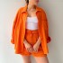 European and American women's two-piece pleated fabric lapel long sleeved shirt, high waisted drawstring shorts, plus size fashionable casual set