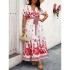 Amazon Spring/Summer New Retro V-neck Printed Dress, European and American Cross border High Waist Slim Lantern Sleeve Dress