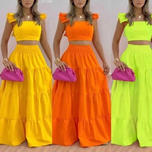 2024 Summer European and American Cross border New Style Sexy Solid Color Middle Waist Strap Big Swing Two piece Set Dress