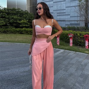 European and American women's clothing 2024 autumn new sweet and fresh short style camisole vest high waist slimming straight leg pants two-piece set