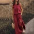 2024 Summer European and American Cross border New Vacation Style Solid Color Round Neck Sleeveless Strap Lantern Split Dress Long Skirt