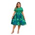 Amazon's new cross-border summer green printed dress with European and American style, fashionable waist cinching and slimming dress for women