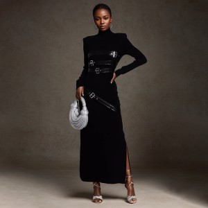 Australian fashion brand stand up collar long sleeved dress for early spring 2025, new high-end style, spliced lace up design, slim fit long skirt