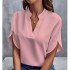 Amazon Foreign Trade 2024 Summer New V-neck Shirt Women's Solid Color Casual Versatile European and American Short Sleeve Hooded Shirt