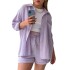 European and American women's two-piece pleated fabric lapel long sleeved shirt, high waisted drawstring shorts, plus size fashionable casual set