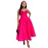 Amazon Rose Red Strap Dress for European and American Women 2024 New Sexy High Waist A-line Medium length Dress