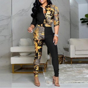 Wholesale of new casual suits for cross-border women's clothing in Europe and America, color blocked printed long sleeved collar shirt, casual pants two-piece set