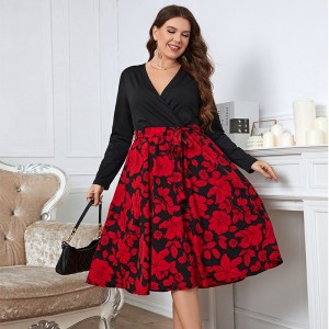 Independently developed and designed Amazon style plus size women's printed high waisted spliced large swing fluffy skirt for European and American foreign trade