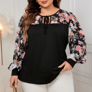 Cross border AliExpress printed round neck shirt European and American new fat mm plus size top for women, slim and loose long sleeved shirt