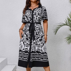 Amazon's new summer European and American printed shirt collar long skirt cross-border V-neck lace up temperament simple dress for women