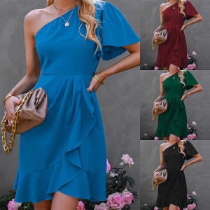 Spot Dress 2023 Spring Foreign Trade Solid Color Single Side Sleeve Slant Shoulder Style Lotus Leaf Edge Solid Color High Waist Slant Shoulder Middle Skirt