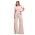 European and American foreign trade women's clothing 2024 spring/summer new round neck bubble sleeve top tied wide leg pants casual set