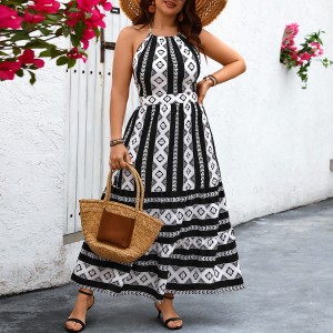 Amazon European and American style hanging neck sleeveless printed dress cross-border vacation big backless sexy long dress for women