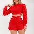 European and American women's clothing 2024 new product solid color short sleeved shirt hollowed out high waisted shorts women's fashion casual set