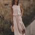 2024 Summer European and American Cross border New Vacation Style Solid Color Round Neck Sleeveless Strap Lantern Split Dress Long Skirt