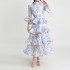 2025 new high waisted slim temperament elegant cake layer printed dress standing collar trumpet sleeves long skirt for children