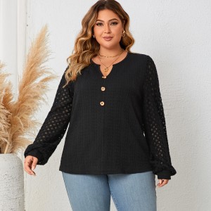 European and American women's Wish2023 cross-border autumn and winter new item button up plus size lace patchwork knitted sweater long sleeved base shirt