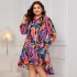 Amazon Polo collar printed dress, AliExpress European and American fluid printed dress, fashionable loose long skirt for women