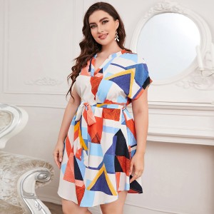 Amazon Large High Waist Dress for Foreign Trade 2024 Summer European and American Style Cross border Fat MM Printed V-neck Dress