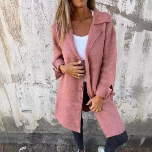 2024 Autumn/Winter Amazon Cross border New Women's Solid Color Flip Tie Pocket cardigan Single breasted Mid length Coat