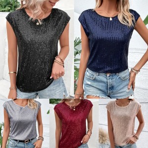 New cross-border European and American style loose casual fashion party round neck sleeveless top women's sequin T-shirt