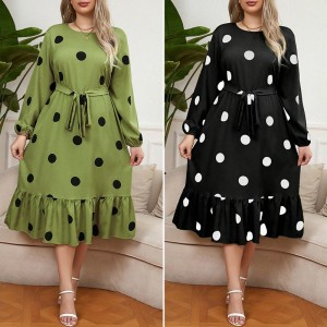 European and American foreign trade fat MM long sleeved polka dot slimming dress Amazon AliExpress lace up hem lotus leaf dress