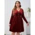 Self developed European and American foreign trade Amazon AliExpress popular deep red V-neck slimming high waisted long sleeved dress