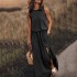 2024 Summer European and American Cross border New Vacation Style Solid Color Round Neck Sleeveless Strap Lantern Split Dress Long Skirt