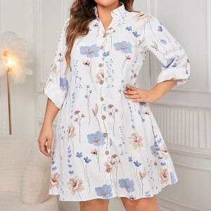 Independently developed and designed Spring and Autumn new white printed dress, European and American foreign trade fat MM loose plus size medium long skirt