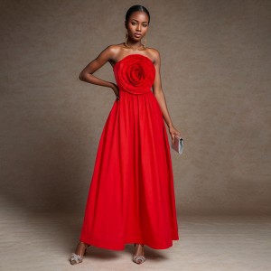 European and American elegant style red rose strapless long dress 2025 early spring new high waisted and large skirt dress for women's fashion