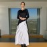 Elegant style, contrasting colors, spliced long skirt 2025 new style, slim fit, slimming, high-end feeling, pleated long sleeved dress for women