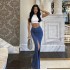 Foreign Trade 2025 European and American socialite summer high-end solid color slim fit three-dimensional flower slit hanging feeling concealing flesh half skirt