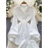 French style light mature style waist cinched lapel lantern sleeve white shirt dress+high waisted loose wide leg shorts set