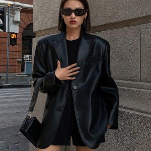 OUSPH black PU leather jacket, suit jacket, women's 2024 spring and autumn winter new style, high-end texture, loose fitting small suit clip