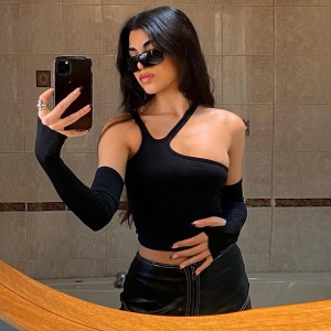 European and American 2023 Autumn New Women's Fashion Open Navel and Shoulder Irregular Split Sleeve Slimming Sexy T-shirt for Women