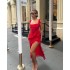 European and American style 2024 sexy hot girl cross-border summer women's dress with suspender, square neck, fungus edge, side slit, solid color dress