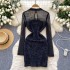 Goddess style sexy see through mesh long sleeved patchwork sequin plush slimming and slimming temperament, hip hugging dress dress