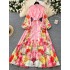 2025 Spring Fashion European and American Elegant Fashion Palace Style Printed Single breasted Waist Lantern Sleeve Large Swing Long Dress