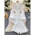 French style light mature style waist cinched lapel lantern sleeve white shirt dress+high waisted loose wide leg shorts set