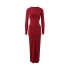 European and American style 2024 autumn and winter cross-border foreign trade women's clothing new round neck pleated long sleeved slim fit long dress wholesale