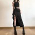 European and American style sexy hot girl summer outfit irregular fungus side slit black sweet cool mid length skirt