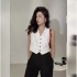 2024 Summer New Product: Black V-neck Short Suit, Camry Shoulder, Horse Clip, Women's Stacked Sleeveless Top, Spring/Summer New