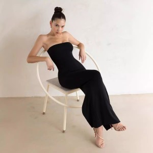 Cross border women's clothing, European and American Instagram style, sexy, slim fit, solid color, strapless, open cut, hip hugging, long style, temperament dress wholesale