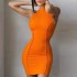 2023I European and American style summer new ins women's round neck sleeveless solid color fashionable slim fit hip hugging dress 025