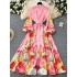 2025 Spring Fashion European and American Elegant Fashion Palace Style Printed Single breasted Waist Lantern Sleeve Large Swing Long Dress