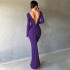 European and American sexy women's winter reversible evening dress, pleated long sleeved backless long style dress with socialite temperament