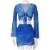 European and American women's 2023 autumn tie dye printed V-neck strap gradient color mesh trumpet sleeve top short skirt set