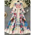 European and American western-style dress, women's court style retro elegant lantern sleeves, waist cinched single breasted slit printed long skirt